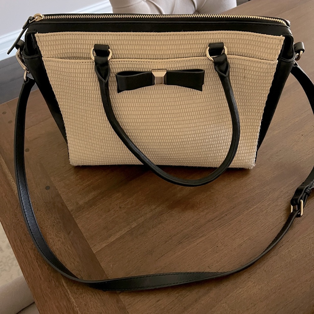 Kate Spade Straw & Black Leather Satchel with Crossbody Strap